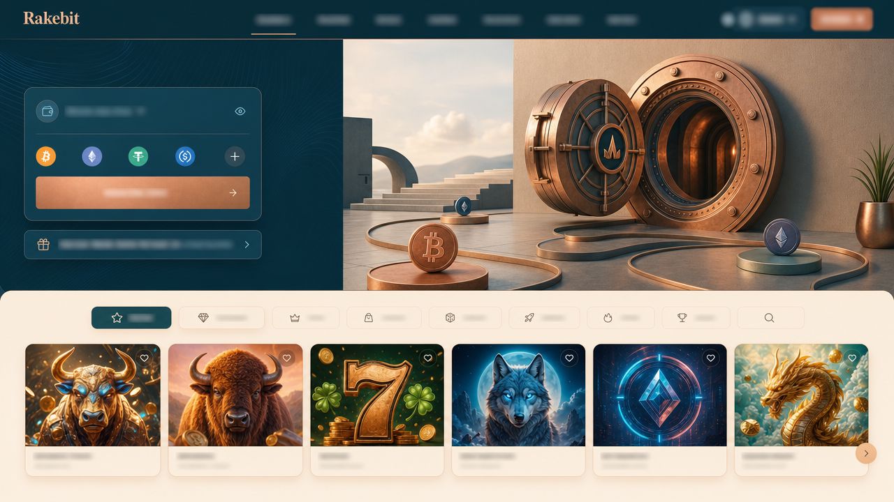 Startseite von Rakebit mit Spielkategorien und Wallet-Bereich