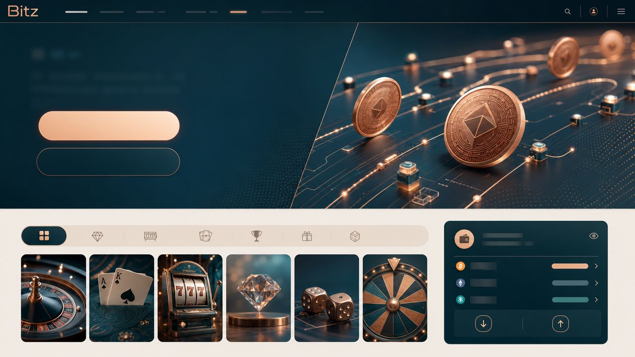 Startseite des Online-Casinos Bitz mit Spielekacheln und Wallet-Bereich