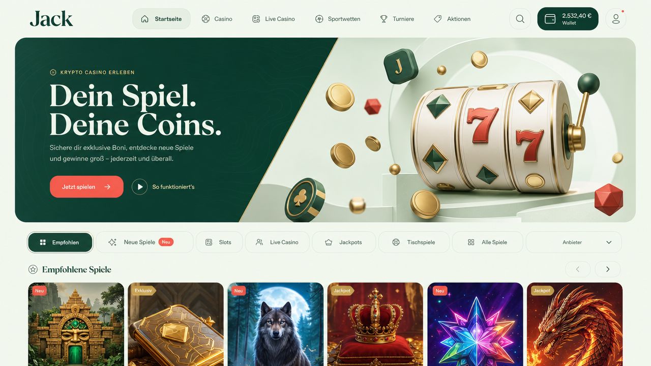 Startseite von Jack Casino mit Slot-Kategorien und Spielkacheln