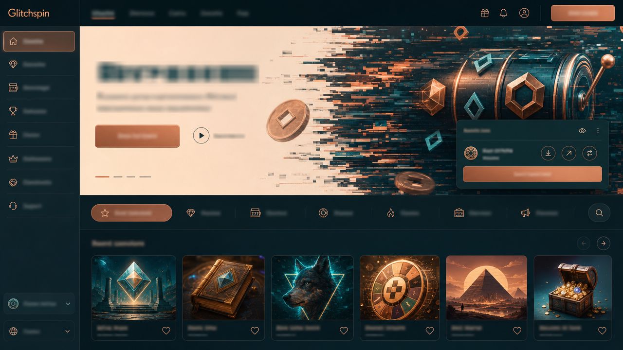 Screenshot der Glitchspin-Startseite mit Spielkacheln und Kategorien