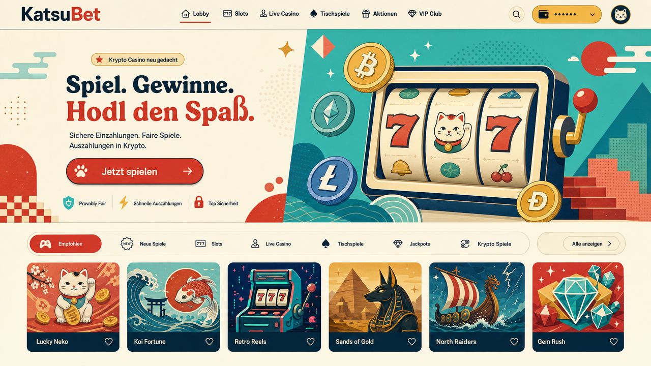 Startseite von KatsuBet mit Spielautomaten, Spielekategorien und Spielekacheln
