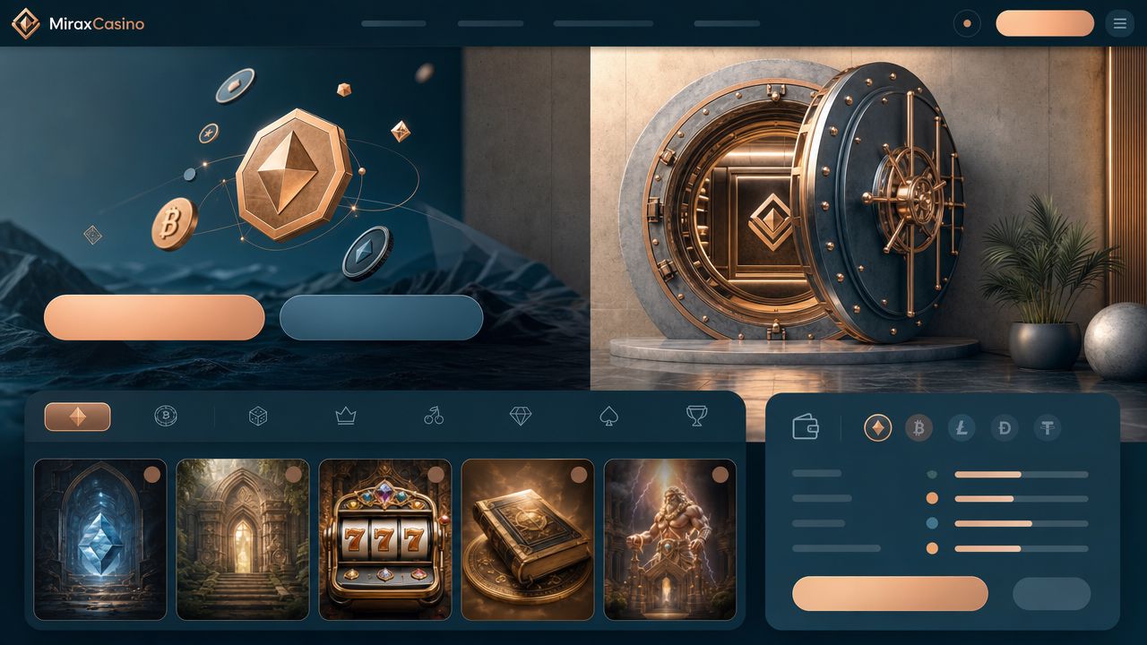 Startseite von MiraxCasino mit Spielkategorien und Wallet-Bereich