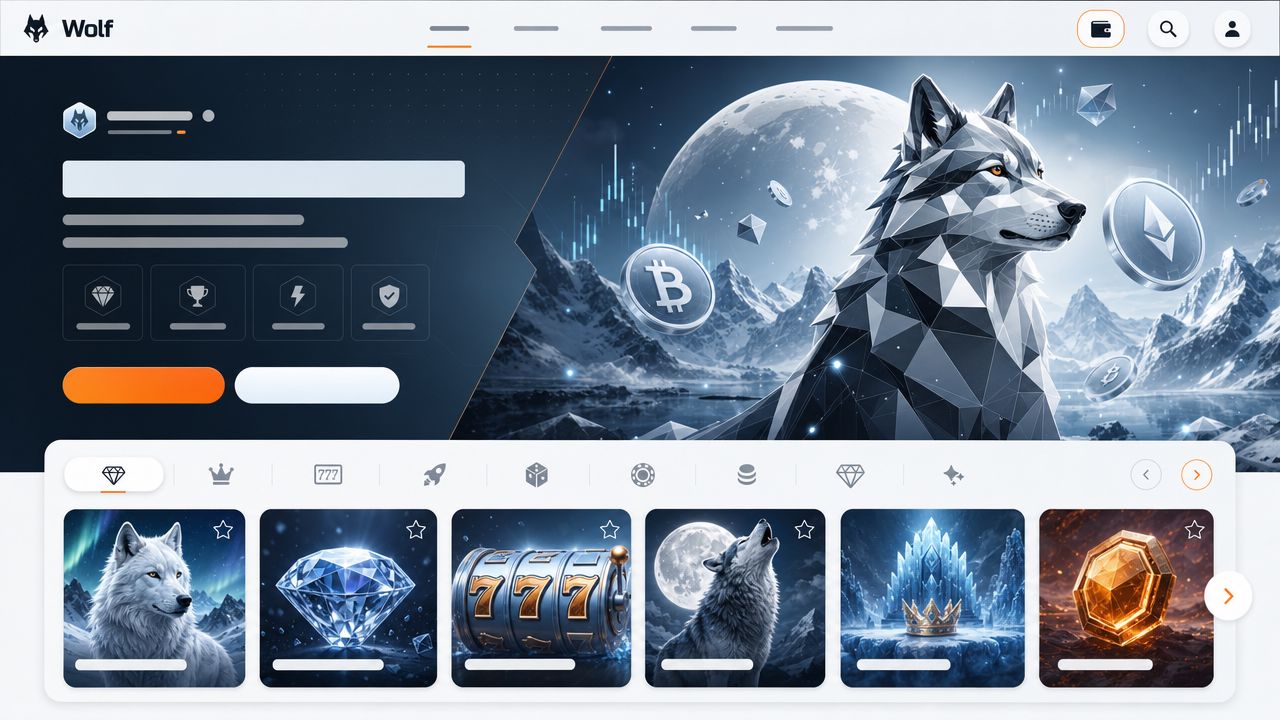 Startseite von Wolf.io mit Wolf-Motiv, Spielkategorien und Slot-Übersicht